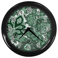 Green Ornament Texture, Green Flowers Retro Background Wall Clock (black) by nateshop