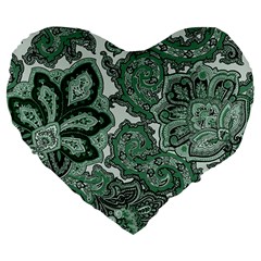 Green Ornament Texture, Green Flowers Retro Background Large 19  Premium Flano Heart Shape Cushions