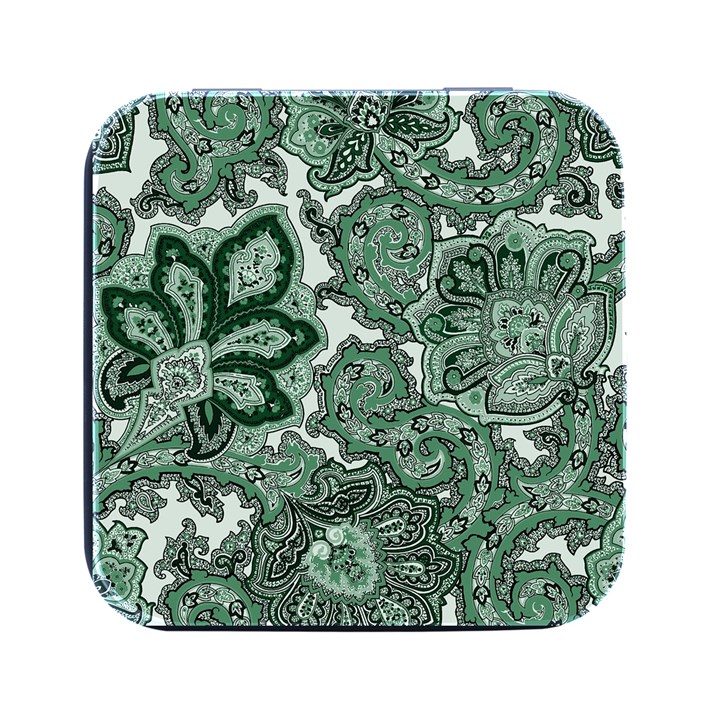 Green Ornament Texture, Green Flowers Retro Background Square Metal Box (Black)