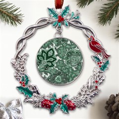 Green Ornament Texture, Green Flowers Retro Background Metal X mas Wreath Holly Leaf Ornament by nateshop