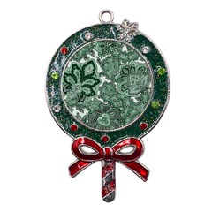 Green Ornament Texture, Green Flowers Retro Background Metal X mas Lollipop With Crystal Ornament