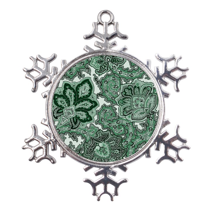 Green Ornament Texture, Green Flowers Retro Background Metal Large Snowflake Ornament