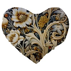 Flower Floral Pattern Floral Digital Spring Flora Botanical Blossom Bloom Vintage Large 19  Premium Flano Heart Shape Cushions