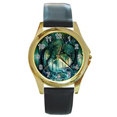 Trees Forest Mystical Forest Background Landscape Nature Round Gold Metal Watch