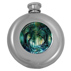 Trees Forest Mystical Forest Background Landscape Nature Round Hip Flask (5 Oz)