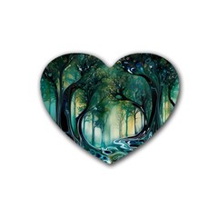 Trees Forest Mystical Forest Background Landscape Nature Rubber Heart Coaster (4 Pack)