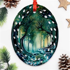 Trees Forest Mystical Forest Background Landscape Nature Ornament (oval Filigree) by Maspions