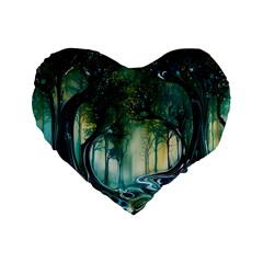 Trees Forest Mystical Forest Background Landscape Nature Standard 16  Premium Heart Shape Cushions