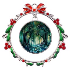 Trees Forest Mystical Forest Background Landscape Nature Metal X mas Wreath Ribbon Ornament by Maspions