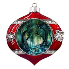 Trees Forest Mystical Forest Background Landscape Nature Metal Snowflake And Bell Red Ornament by Maspions