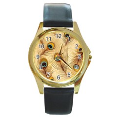 Vintage Peacock Feather Peacock Feather Pattern Background Nature Bird Nature Round Gold Metal Watch