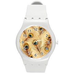 Vintage Peacock Feather Peacock Feather Pattern Background Nature Bird Nature Round Plastic Sport Watch (m) by Maspions