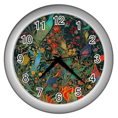 Flowers Trees Forest Mystical Forest Nature Background Landscape Wall Clock (silver)