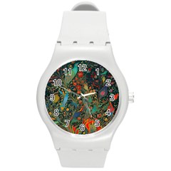 Flowers Trees Forest Mystical Forest Nature Background Landscape Round Plastic Sport Watch (m)