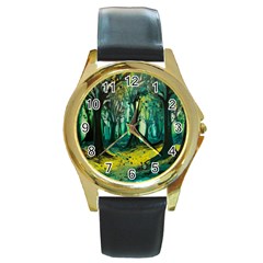 Trees Forest Mystical Forest Nature Junk Journal Landscape Nature Round Gold Metal Watch by Maspions