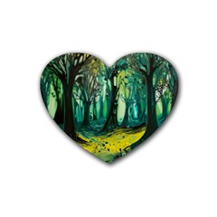 Trees Forest Mystical Forest Nature Junk Journal Landscape Nature Rubber Heart Coaster (4 Pack) by Maspions