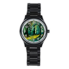 Trees Forest Mystical Forest Nature Junk Journal Landscape Nature Stainless Steel Round Watch by Maspions