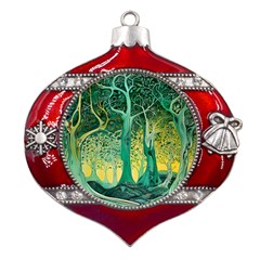 Trees Forest Mystical Forest Nature Junk Journal Scrapbooking Background Landscape Metal Snowflake And Bell Red Ornament by Maspions