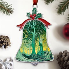 Trees Forest Mystical Forest Nature Junk Journal Scrapbooking Background Landscape Metal Holly Leaf Bell Ornament by Maspions