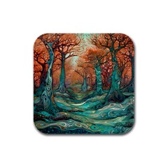 Trees Tree Forest Mystical Forest Nature Junk Journal Scrapbooking Landscape Nature Rubber Square Coaster (4 Pack) by Maspions