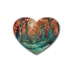 Trees Tree Forest Mystical Forest Nature Junk Journal Scrapbooking Landscape Nature Rubber Heart Coaster (4 Pack) by Maspions