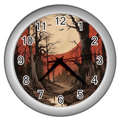 Comic Gothic Macabre Vampire Haunted Red Sky Wall Clock (silver)