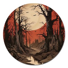 Comic Gothic Macabre Vampire Haunted Red Sky Magnet 5  (round)