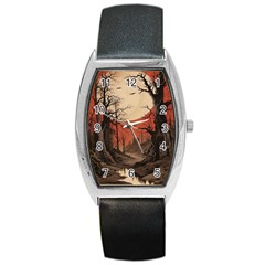 Comic Gothic Macabre Vampire Haunted Red Sky Barrel Style Metal Watch