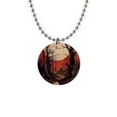 Comic Gothic Macabre Vampire Haunted Red Sky 1  Button Necklace