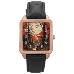 Comic Gothic Macabre Vampire Haunted Red Sky Rose Gold Leather Watch  by Maspions