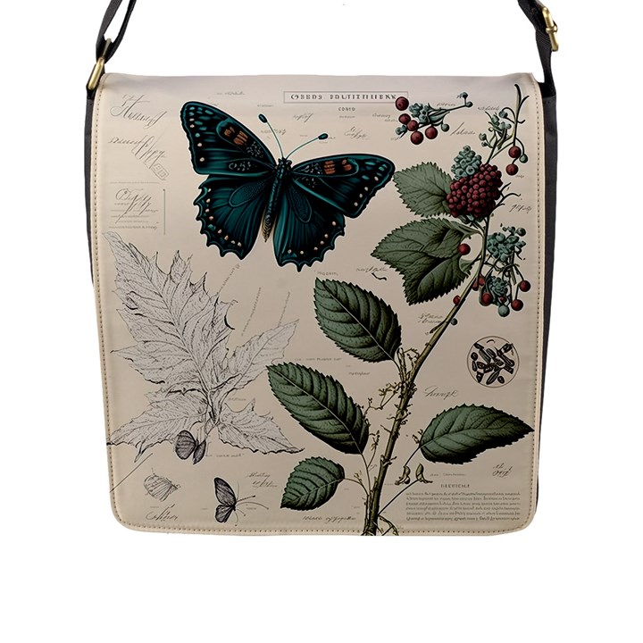 Butterflies Butterfly Botanical Nature Sketch Junk Journal Field Notes Paper Vintage Ephemera Flap Closure Messenger Bag (L)