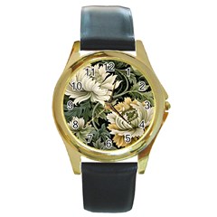 Flower Blossom Bloom Botanical Spring Nature Floral Pattern Leaves Round Gold Metal Watch