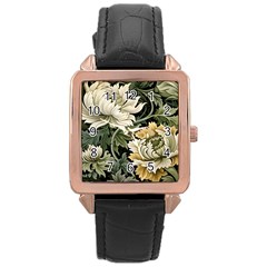 Flower Blossom Bloom Botanical Spring Nature Floral Pattern Leaves Rose Gold Leather Watch 