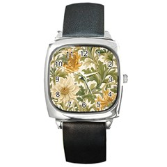 Flower Floral Pattern Floral Digital Paper Spring Flora Botanical Blossom Bloom Vintage Square Metal Watch