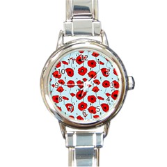 Poppies Flowers Red Seamless Pattern Round Italian Charm Watch