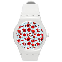 Poppies Flowers Red Seamless Pattern Round Plastic Sport Watch (m) by Maspions