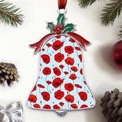 Poppies Flowers Red Seamless Pattern Metal Holly Leaf Bell Ornament by Maspions