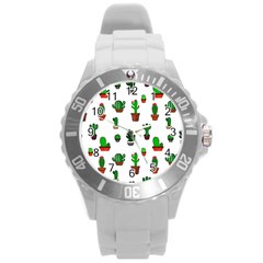 Cactus Plants Background Pattern Seamless Round Plastic Sport Watch (l)