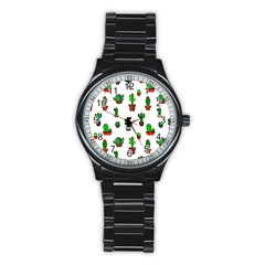 Cactus Plants Background Pattern Seamless Stainless Steel Round Watch