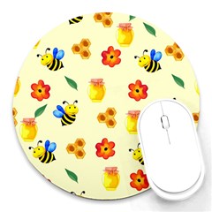 Seamless Honey Bee Texture Flowers Nature Leaves Honeycomb Hive Beekeeping Watercolor Pattern Round Mousepad by Maspions