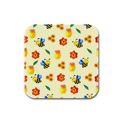 Seamless Honey Bee Texture Flowers Nature Leaves Honeycomb Hive Beekeeping Watercolor Pattern Rubber Square Coaster (4 Pack) by Maspions