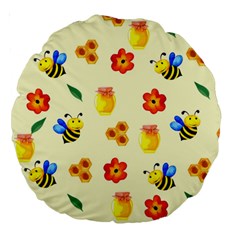 Seamless Honey Bee Texture Flowers Nature Leaves Honeycomb Hive Beekeeping Watercolor Pattern Large 18  Premium Round Cushions by Maspions