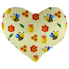 Seamless Honey Bee Texture Flowers Nature Leaves Honeycomb Hive Beekeeping Watercolor Pattern Large 19  Premium Heart Shape Cushions