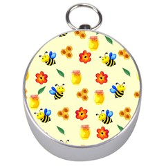 Seamless Honey Bee Texture Flowers Nature Leaves Honeycomb Hive Beekeeping Watercolor Pattern Silver Compasses