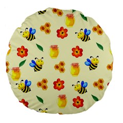 Seamless Honey Bee Texture Flowers Nature Leaves Honeycomb Hive Beekeeping Watercolor Pattern Large 18  Premium Flano Round Cushions