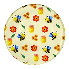 Seamless Honey Bee Texture Flowers Nature Leaves Honeycomb Hive Beekeeping Watercolor Pattern Round Glass Fridge Magnet (4 Pack) by Maspions