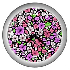 Flowers Floral Pattern Digital Texture Beautiful Wall Clock (silver)