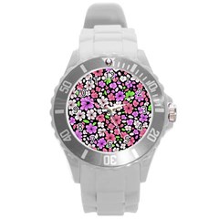 Flowers Floral Pattern Digital Texture Beautiful Round Plastic Sport Watch (l) by Maspions