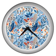 Berries Foliage Seasons Branches Seamless Background Nature Wall Clock (silver)