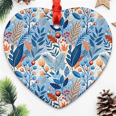 Berries Foliage Seasons Branches Seamless Background Nature Heart Ornament (two Sides)